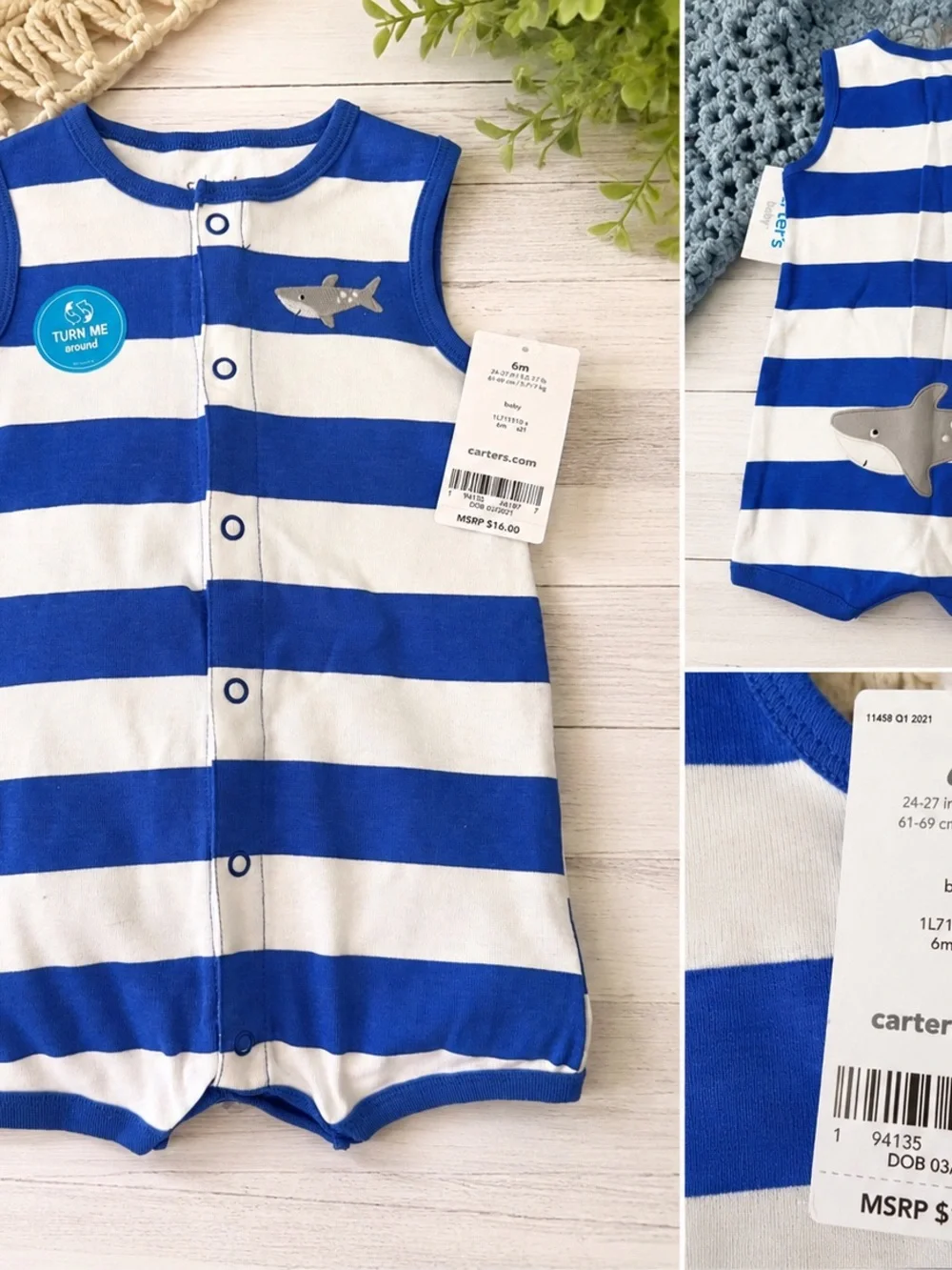 NWT 6MO Carter's Blue-White Shark  Bum Sleeveless Romper